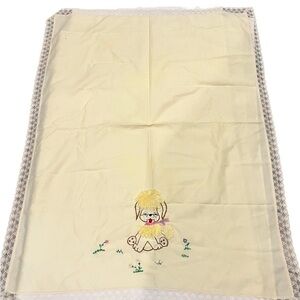 Vintage 1950s Baby Girl Blaket Poodle Yellow Lace 49 in x 37 in Newborn Flaw